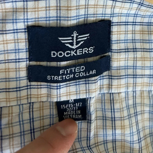 Dockers Fitted Stretch Collar Button Down Shirt Gingham Blue Petal Men's size M - Picture 4 of 5